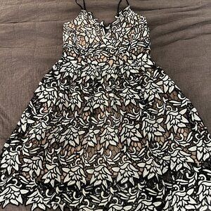 Aqua Tan Dress with Black and White Floral Overlay - Size Large